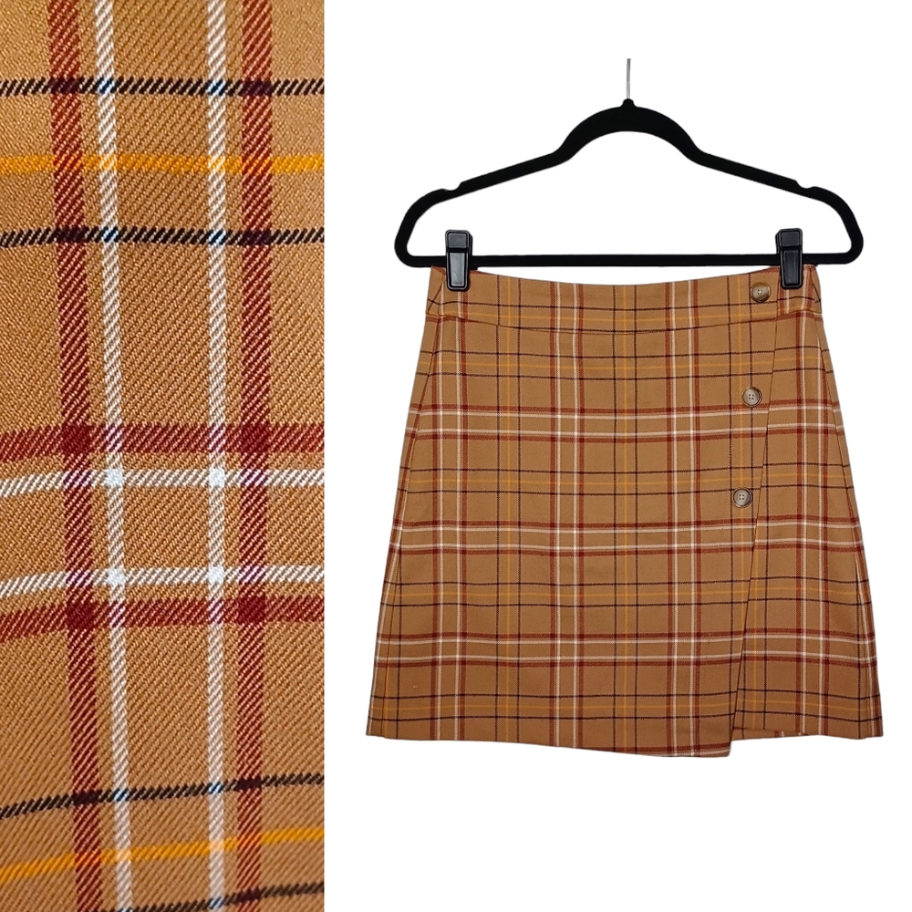 LOFT OUTLET Brown Red Yellow Plaid Print Button Mini Preppy A-Line Skirt 0P